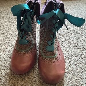 Poetic License Lace-Up Ankle Boots with Teal Ribbon